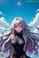 A girl with long gray hair standing in front of a blue sky.