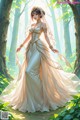 A woman in a wedding dress walking through a forest.