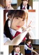 A collage of photos of a girl in a school uniform.