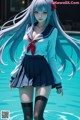 A girl in a school uniform standing in a pool.